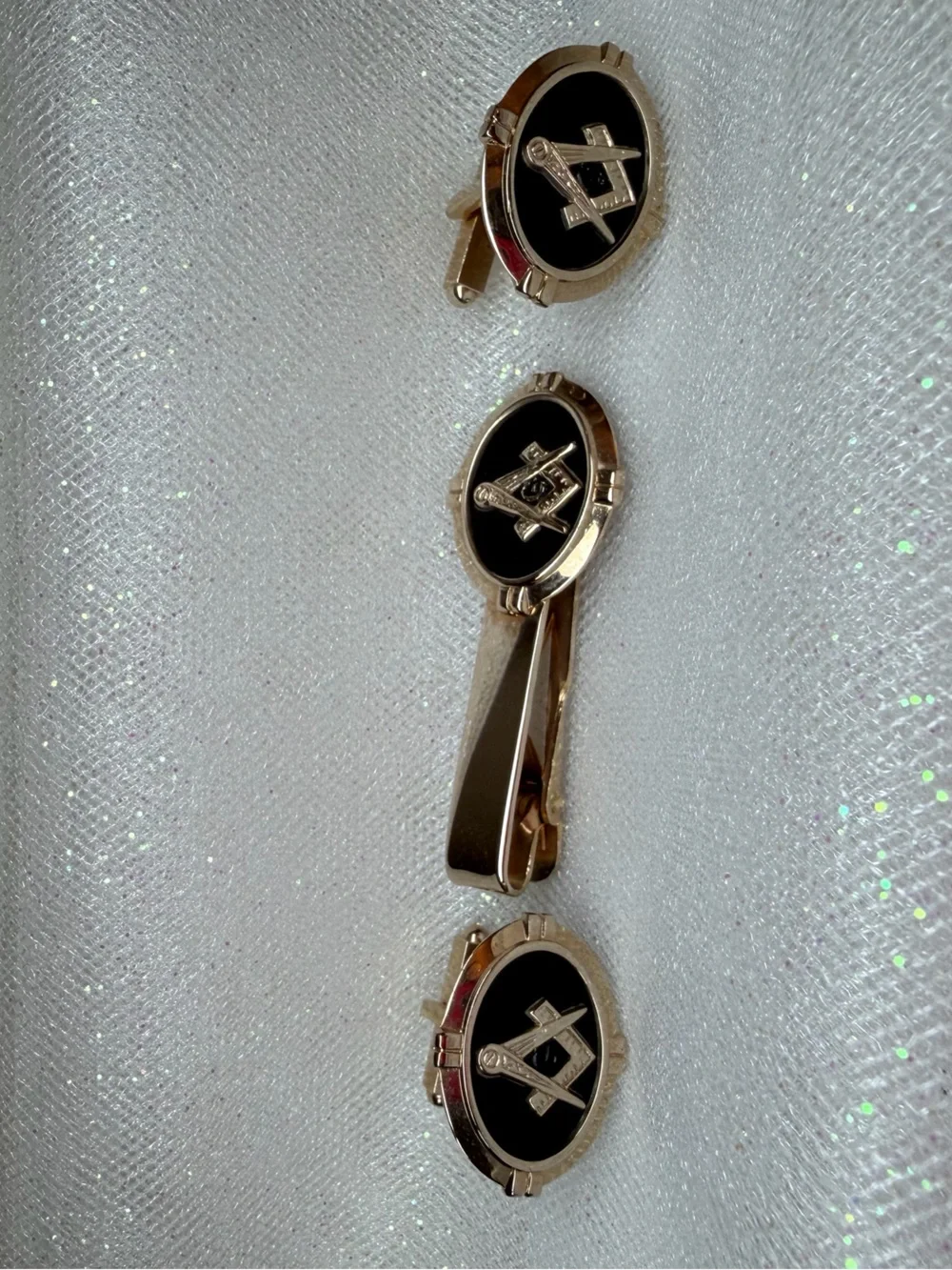 Gold-Tone Freemason Emblem Tie Bar and Cufflink Set - Black Inlay